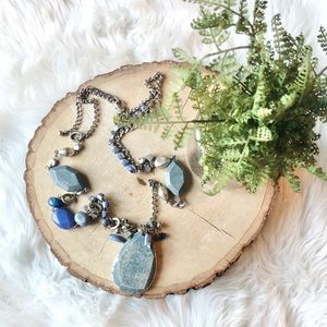 Chicos Blue Silver Wood Long Pendent Necklace